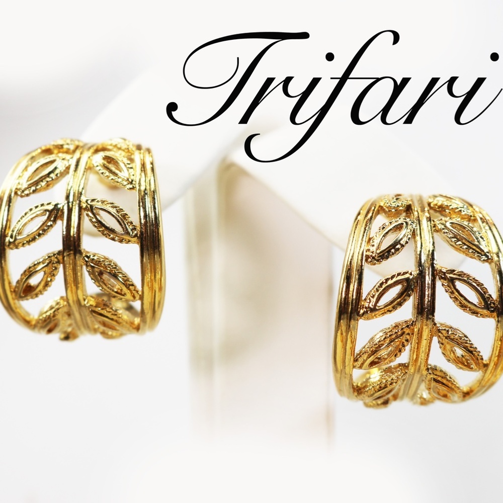 Vintage Trifari Gold Crescent Hoop Leaf Earrings